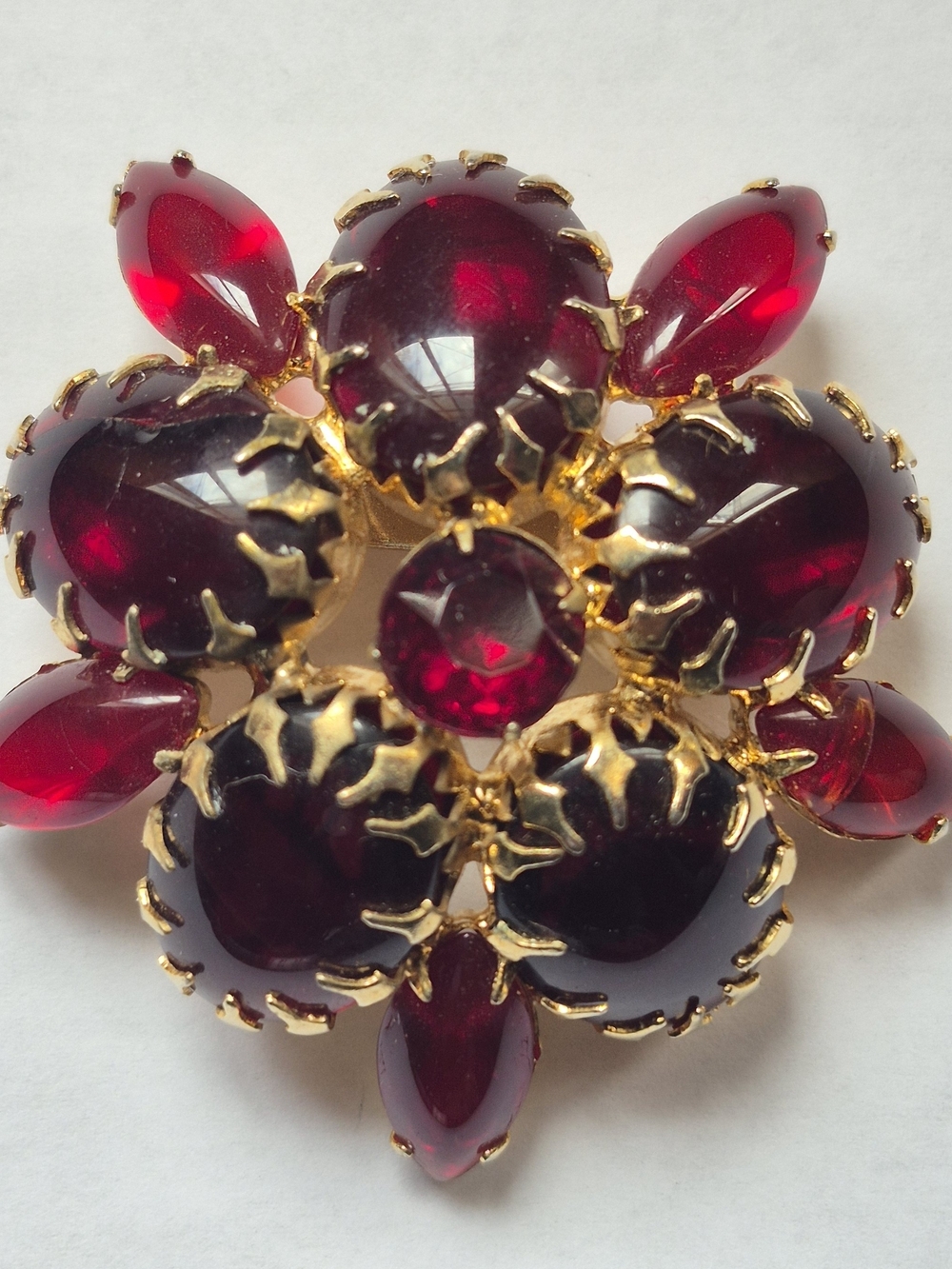 Vintage Ruby Red Glass Cluster Domed Brooch Gold Tone